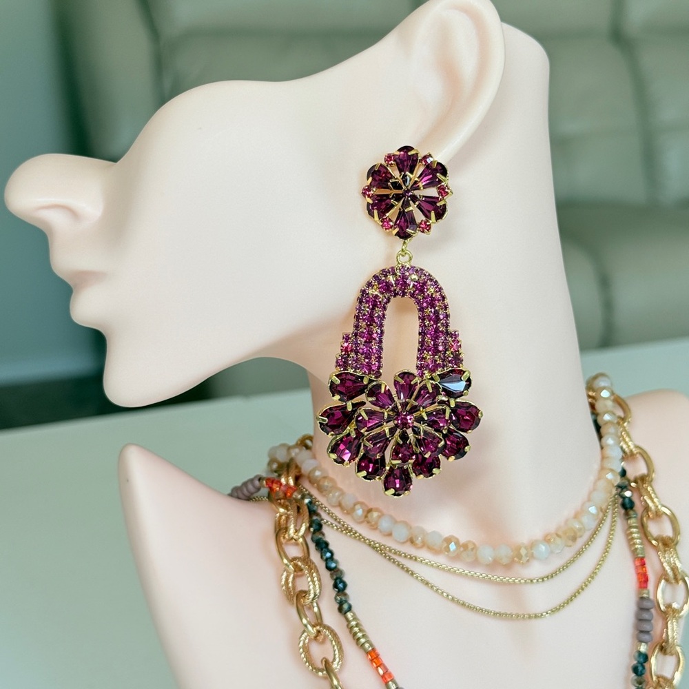 Elegant Pink Crystal Drop Statement Earrings